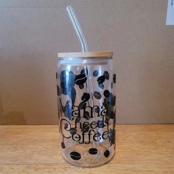 Mama Needs Coffee Glass Tumbler with Bamboo Lid And Straw 16oz - Picture 5 of 7